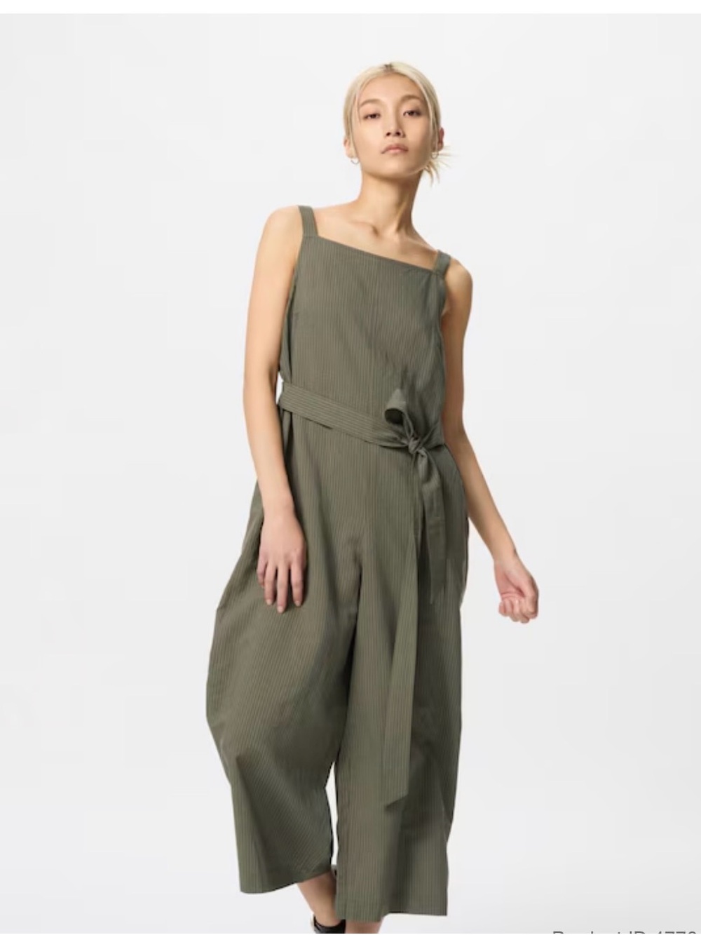 Uniqlo Jumpsuit‎ Green Pinstripe Linen Blend Wide Leg Culotte Comfort Minimalist